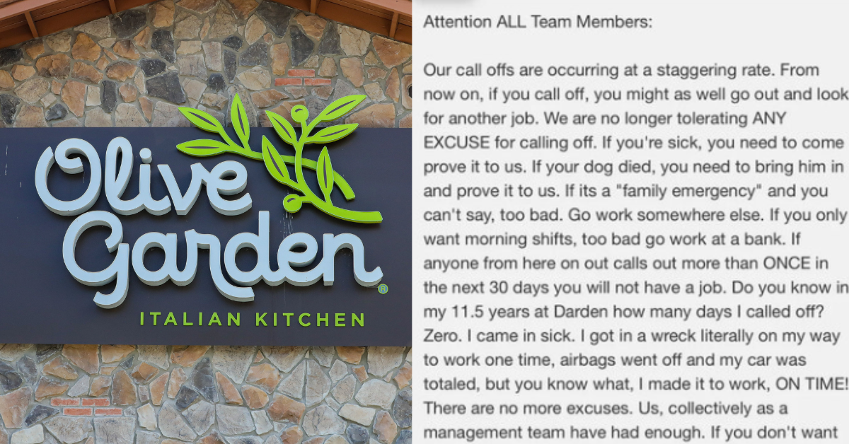 Olive Garden sign; screenshot of email