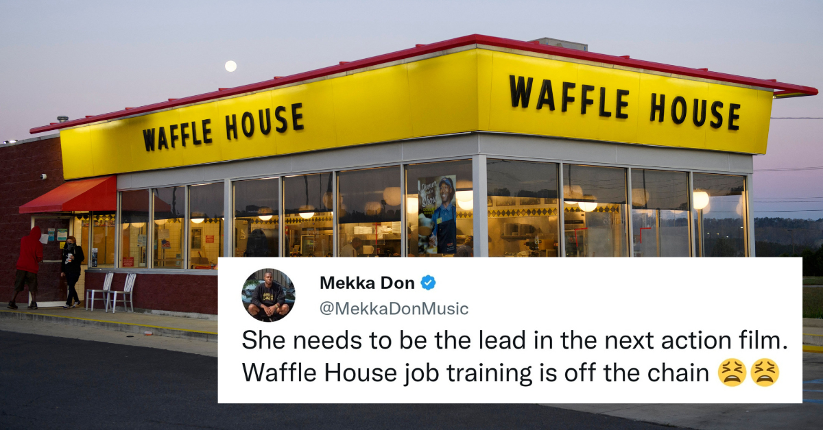 Waffle House restaurant; tweet overlay from Mekka Don