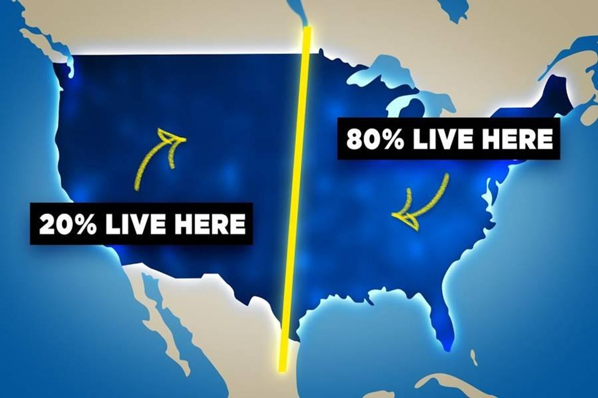 Animated map of the United States with yellow line down the middle