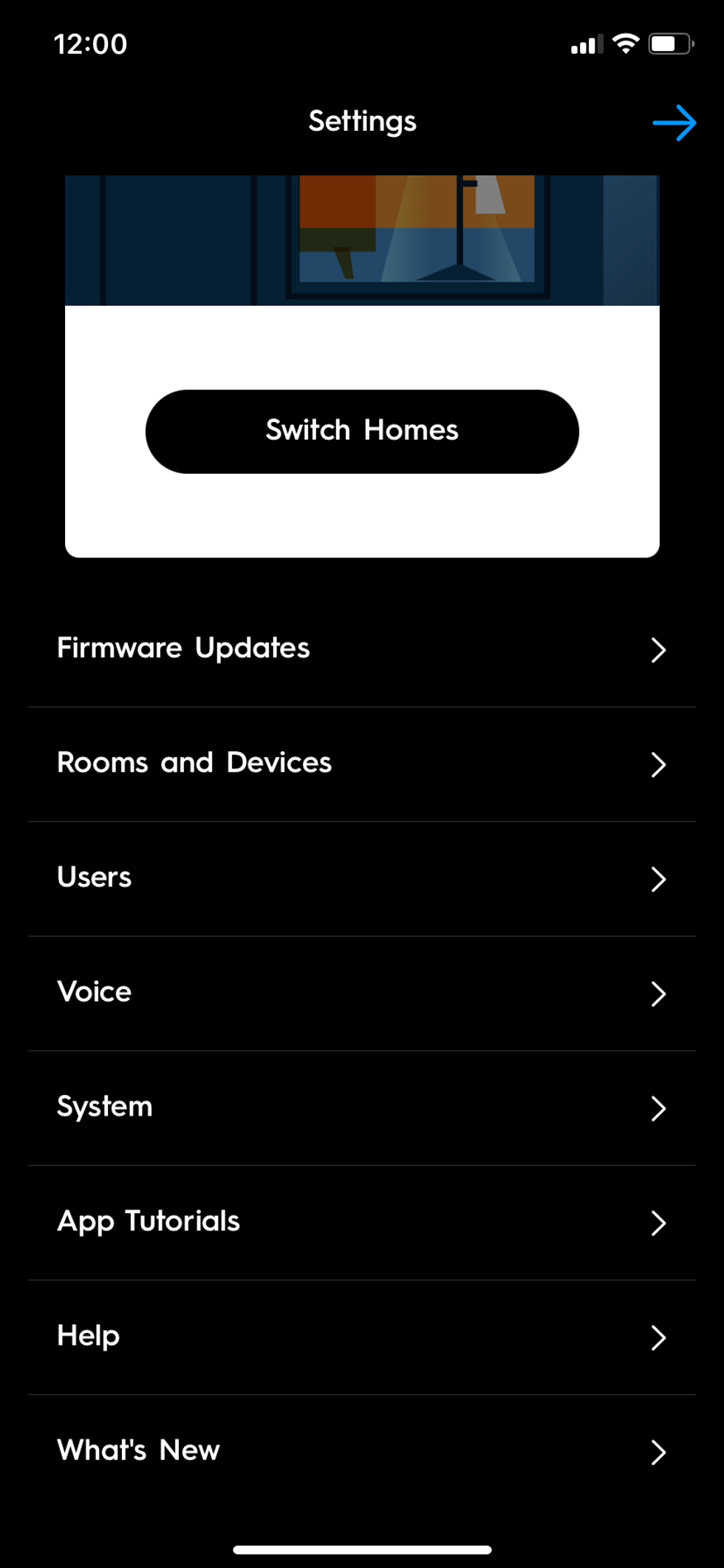 a screen shot of the settings screen in Cync app
