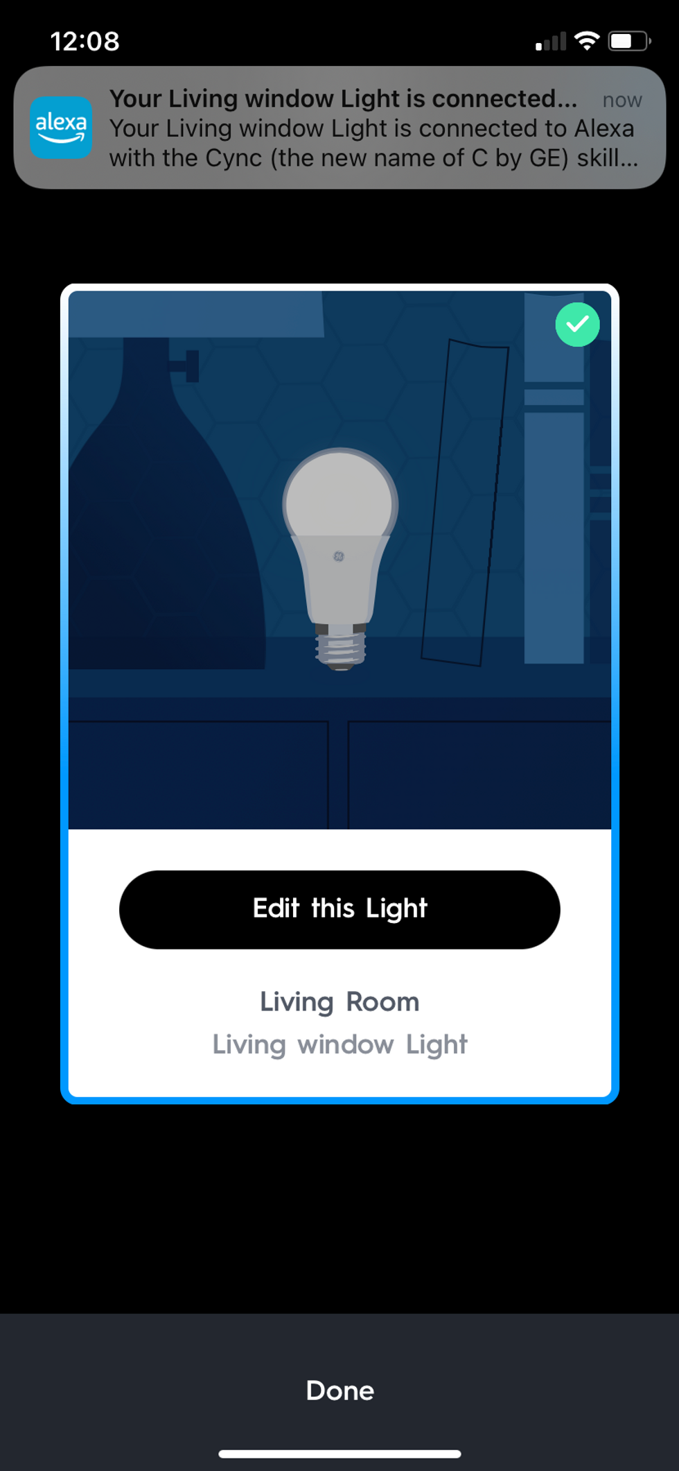 a screenshot of Cync app showing the edit screen of a device and a successful connecting with the bulb and Alexa.