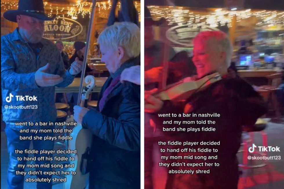 A mom mentioned she played the fiddle so the bar band handed her one. She totally shredded.