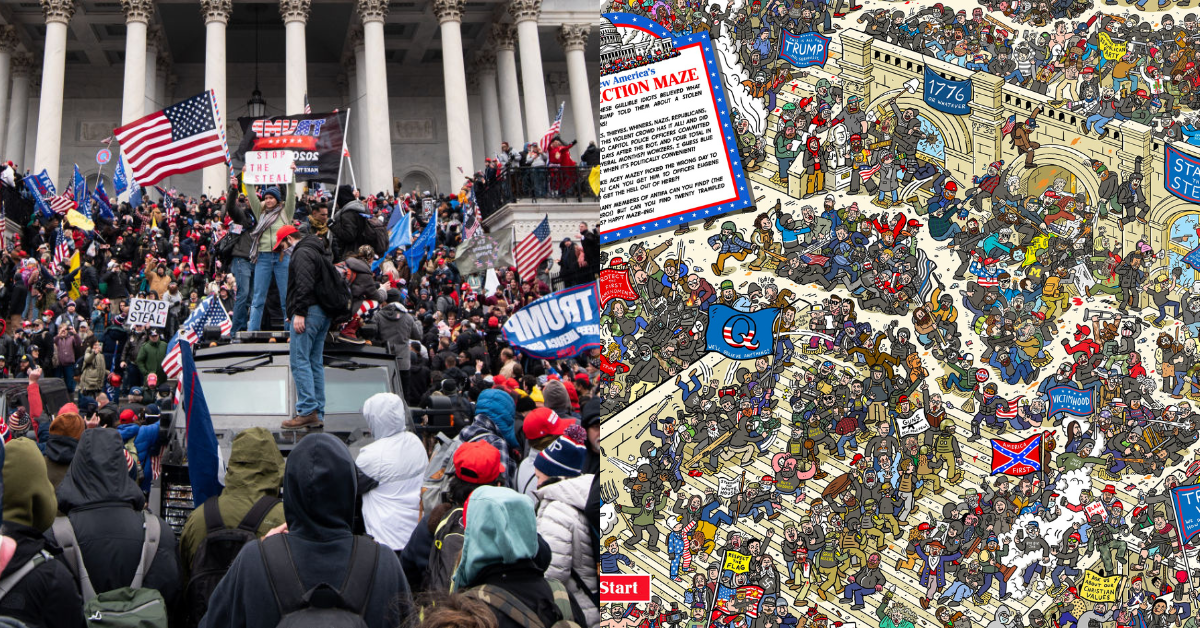 Rioters take over the steps of the United States Capitol; the Insurrection Maze illustration