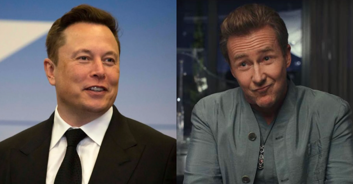 Elon Musk; Twitter screenshot of Edward Norton as Miles in "Glass Onion"