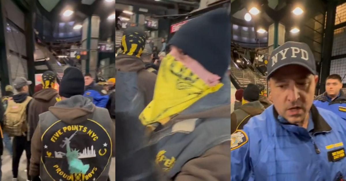 Screenshots of Proud Boys members entering a New York subway station