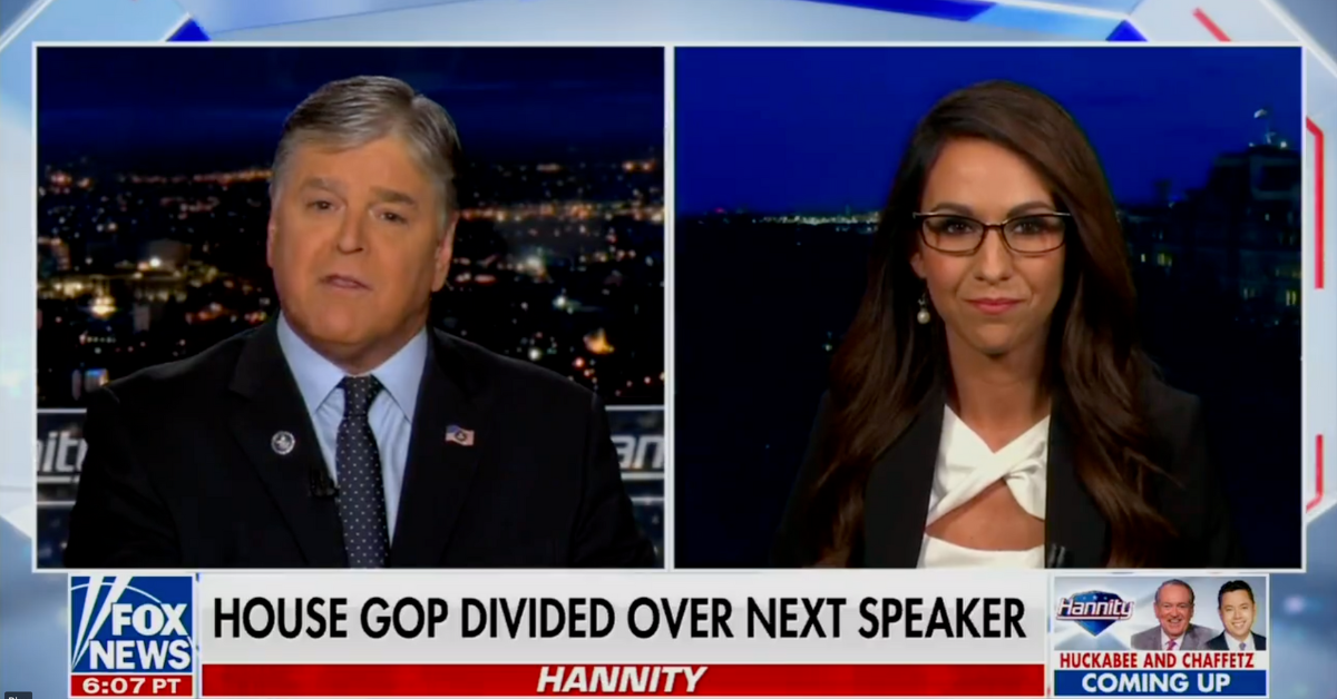Fox News screenshot of Sean Hannity and Lauren Boebert during their interview