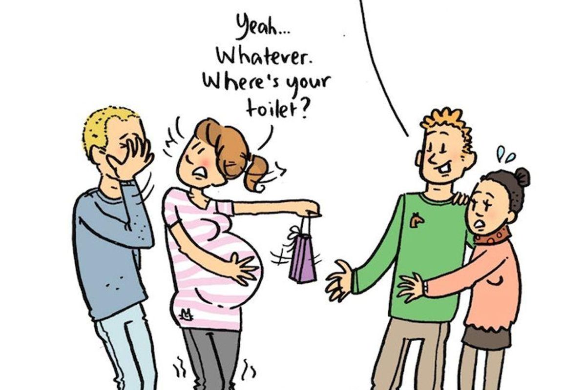 Comic of a pregnant mom needing the toilet