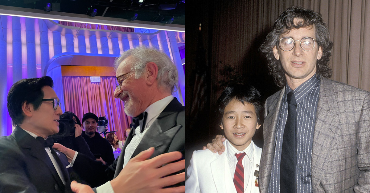 Ke Huy Quan and Steven Spielberg at Golden Globes; Ke Huy Quan and Steven Spielberg in 1985