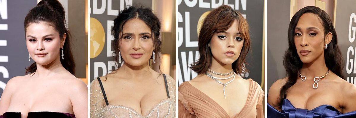 Latinas Killed it at the 2023 Golden Globes. From left to right: Selena Gomez Salma Hayek Jenna Ortega and Michaela Jaé Rodriguez tefi pessoa anya taylor joy ana de armas emily uribe