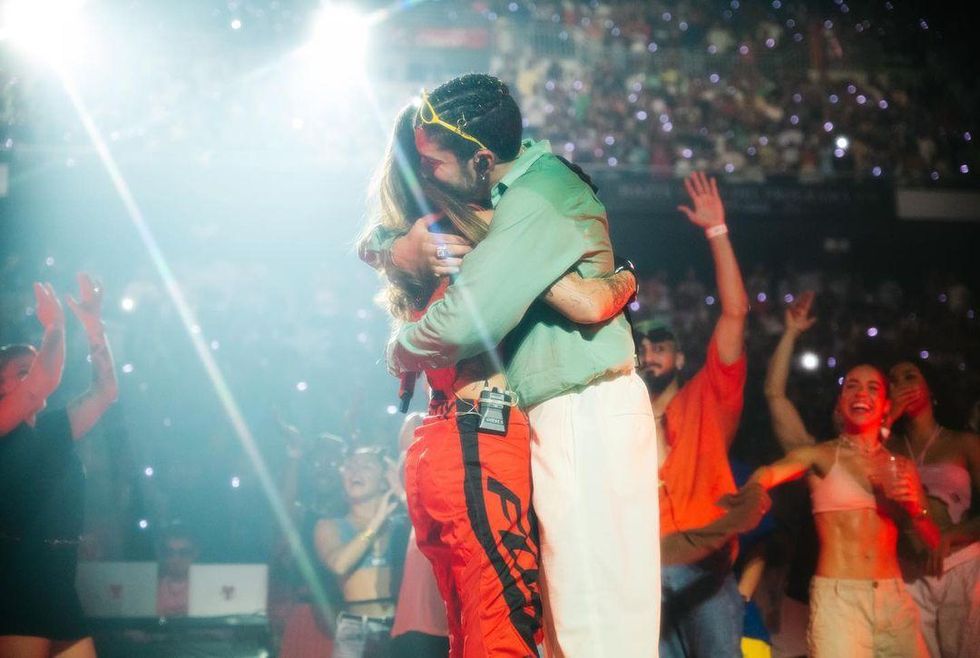 latina rapper young miko hugging bad bunny at the world's hottest tour