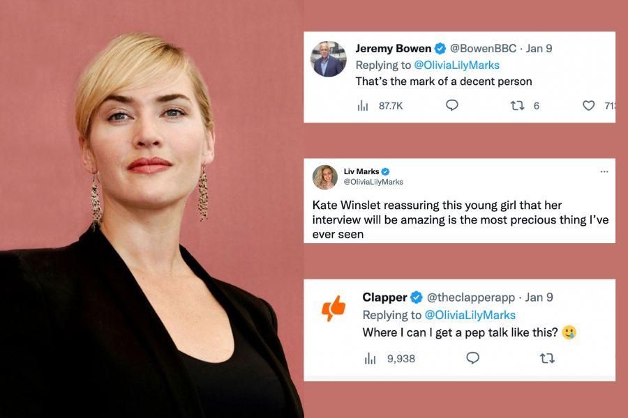 Kate Winslet encourages a young first time interviewer pic