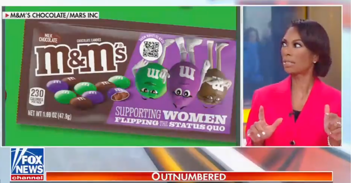 Fox News screenshot of host Harris Faulkner complaining about all-female M&M's package