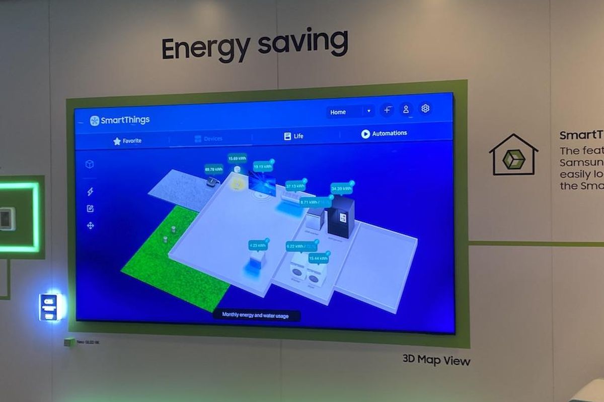 a photo of Samsung booth showiing Energy Savings generated from Samsung SmartThings Energy app