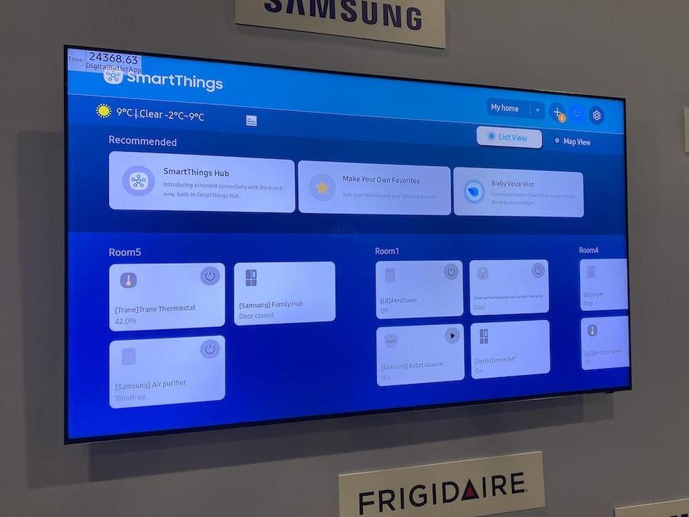 a Samsung TV demonstrating SmartThings app controlling LG, Trane and other appliances from manufacturers part of HCA