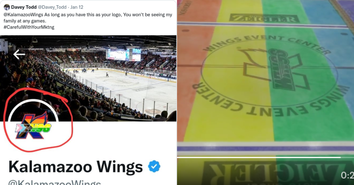 Davey Todd's tweet; the Kalamazoo Wings ice rink dyed rainbow colors