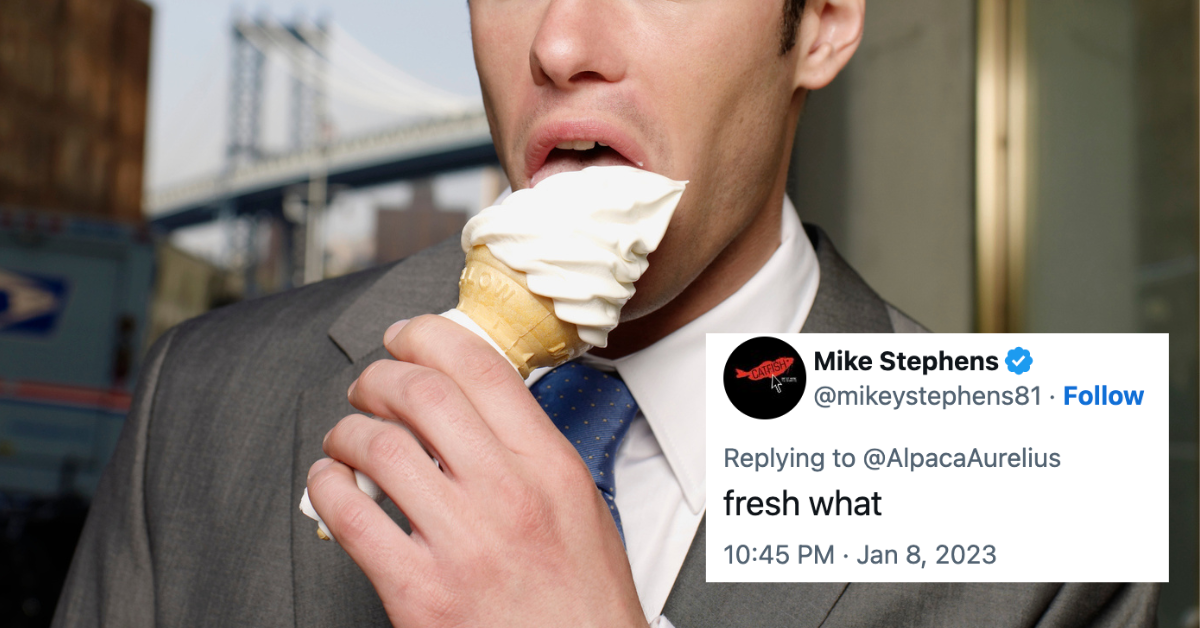 man eating ice cream; tweet overlay asking "fresh what"