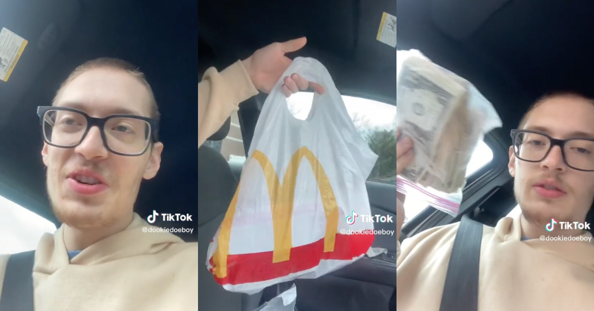 TikToker @dookiedoeboy with McDonald's bag of cash