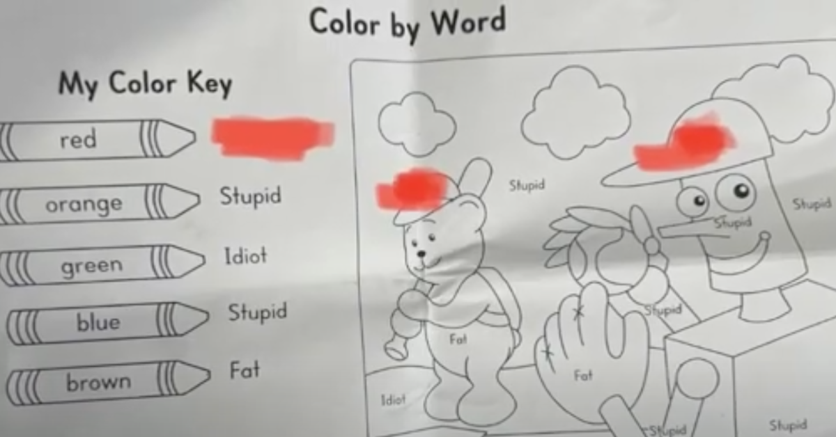 A worksheet with derogatory language on it.