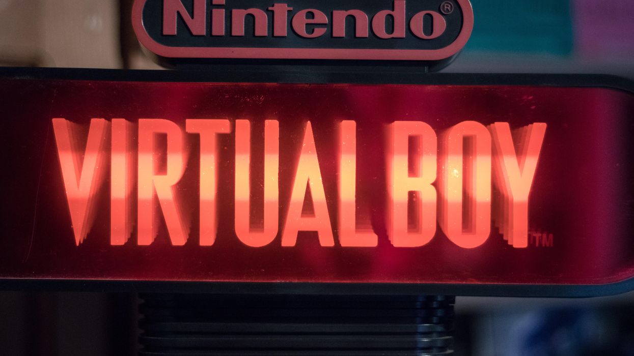 A glowing red sign that says "Nintendo Virtual Boy"