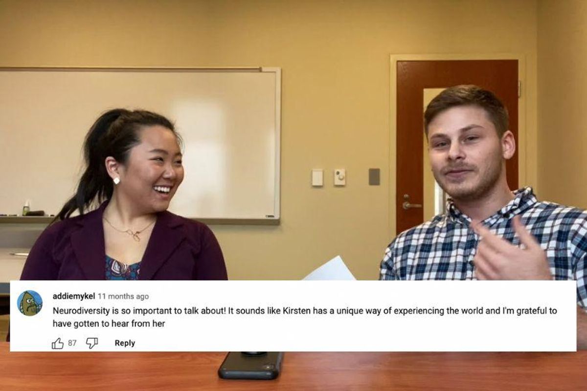 a screenshot of a man and woman talking and laughing.