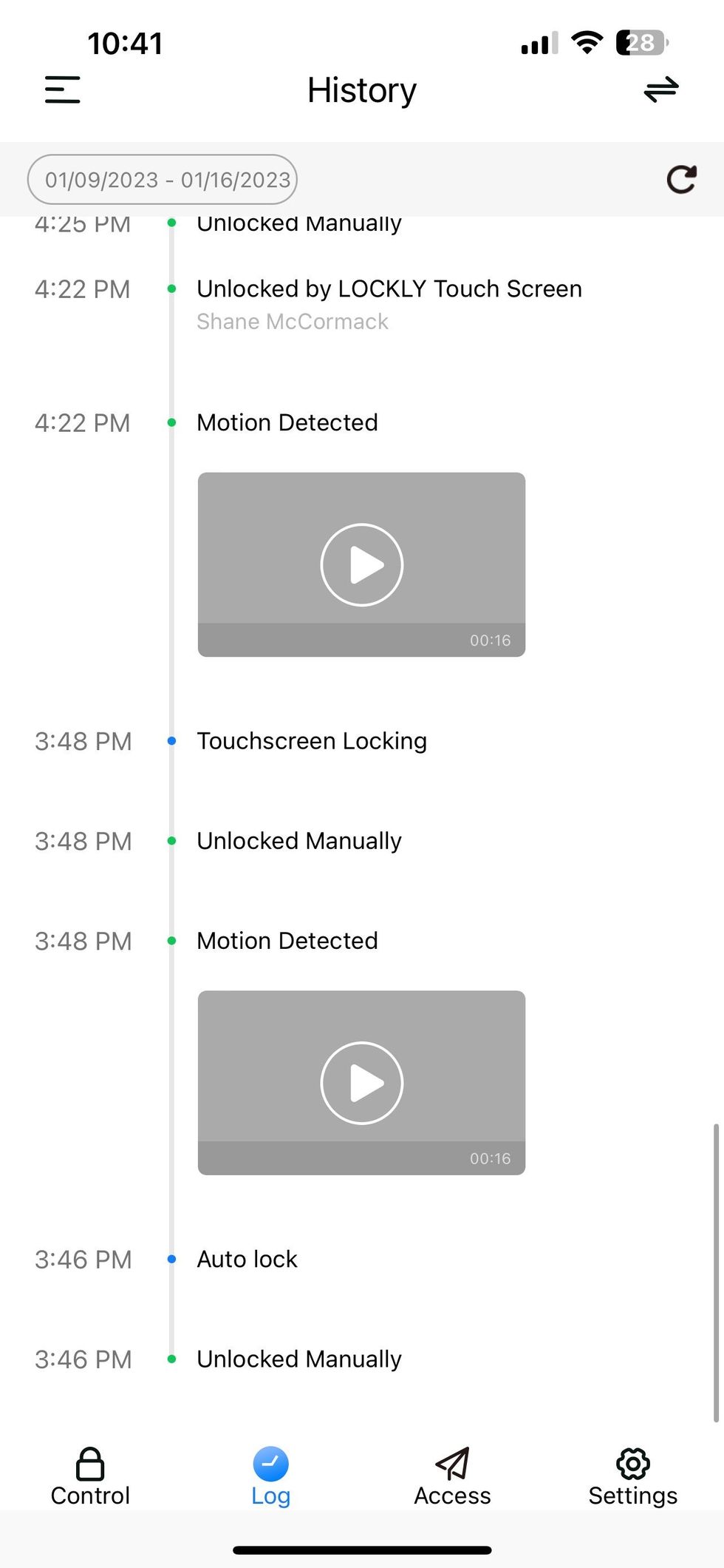 a screenshot of Lockly app showing thge lock's history