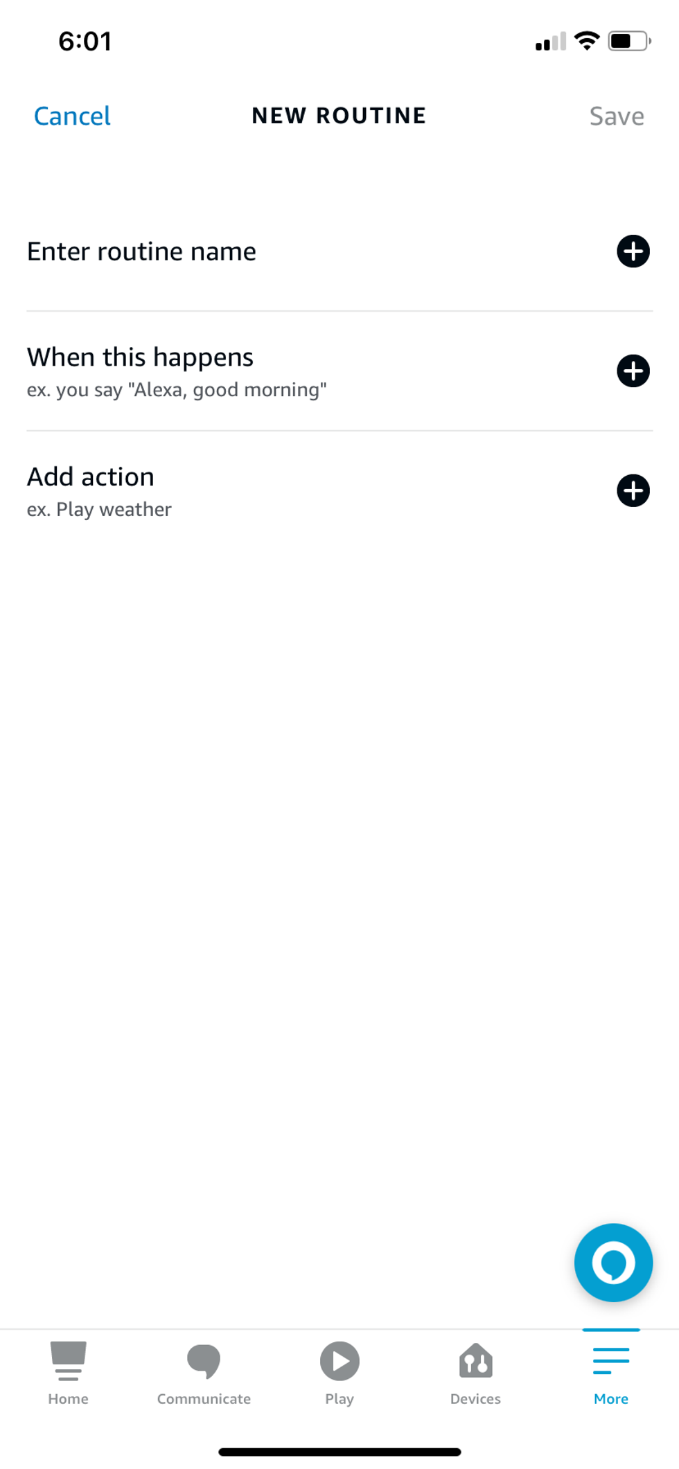 Screenshot of Alexa app showing Add a routine
