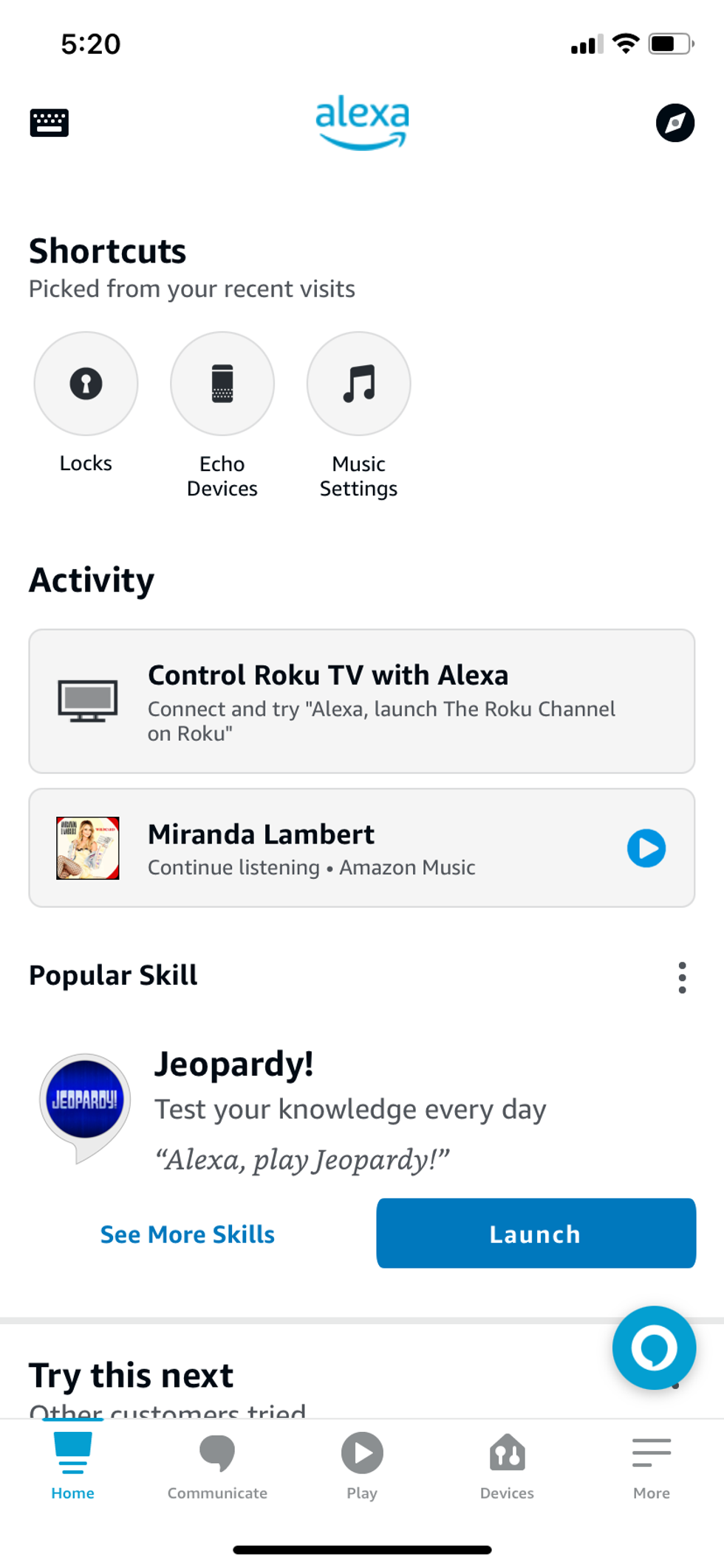a screenshot of Alexa app homescreen