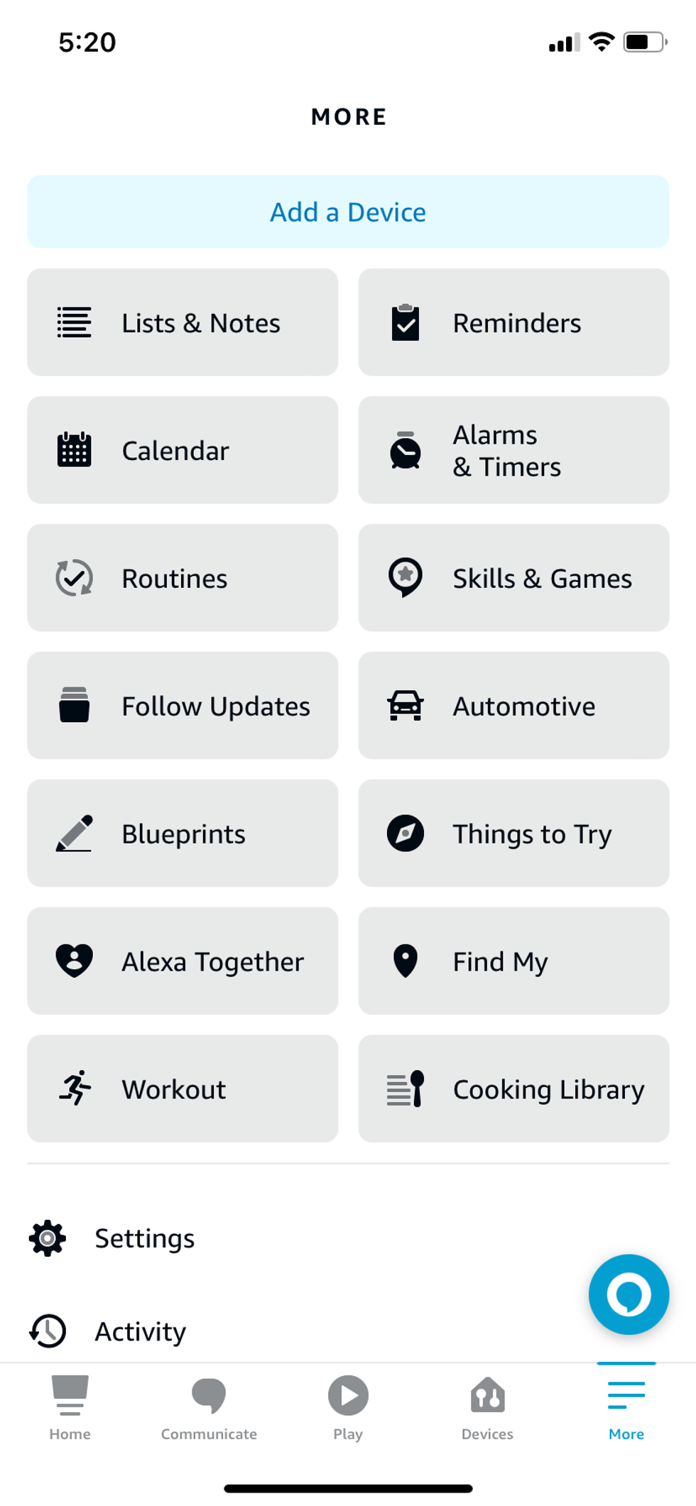 Alexa app homescreen