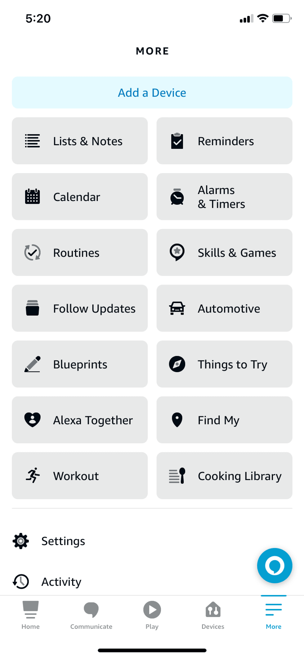Alexa app homescreen