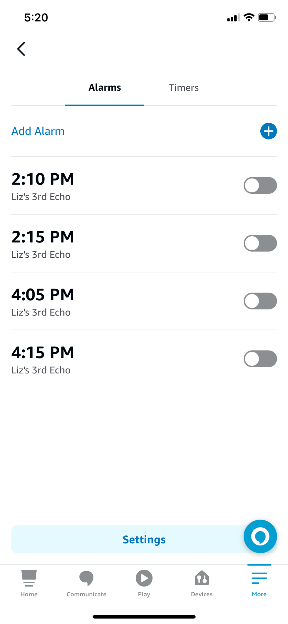 Screenshot of Alexa app showing alarms