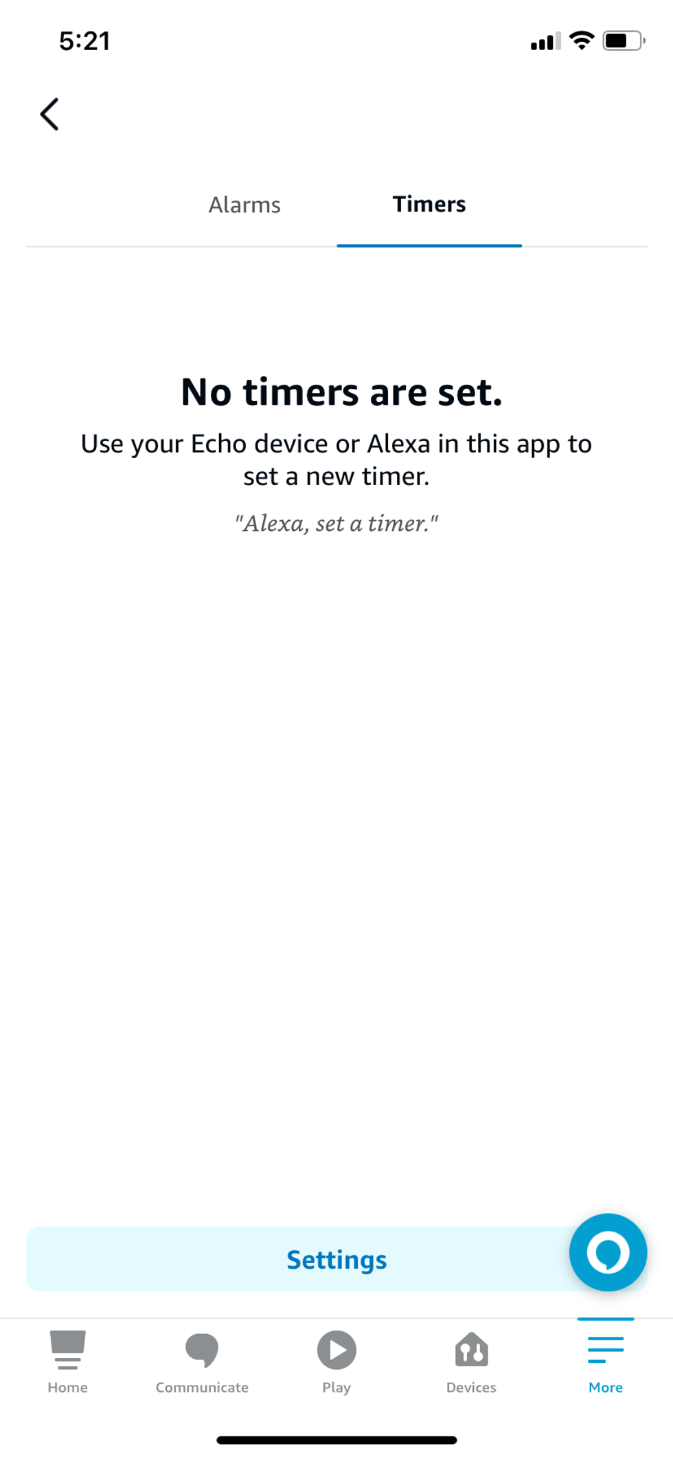 Alexa app settings screen for adding a timer