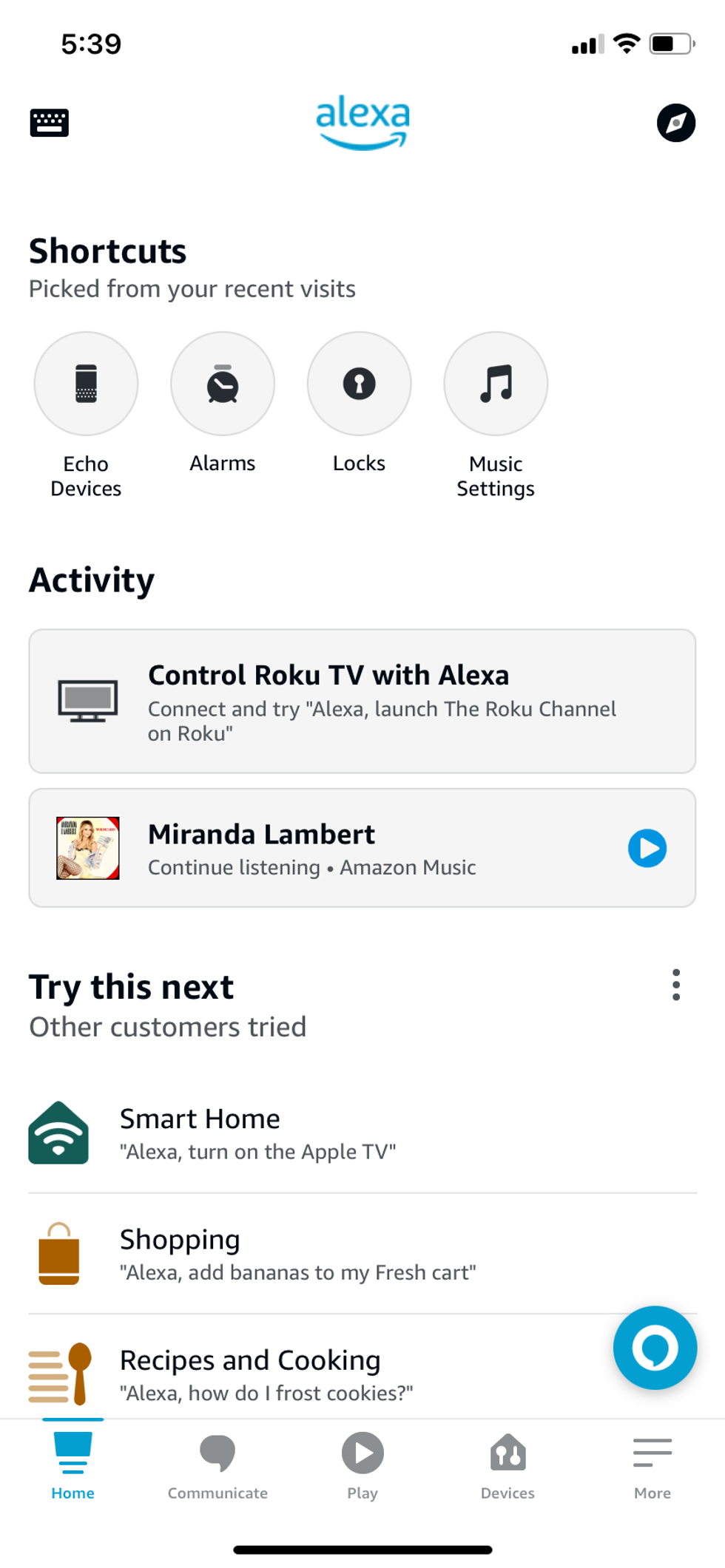 a screenshot of Alexa app homescreen showing easy access to Alarms