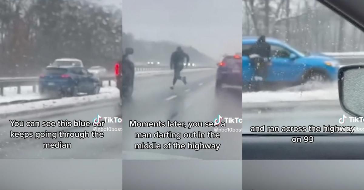 Split screen of screenshots from TikTok of Adolfo Molina running across interstate to help driver