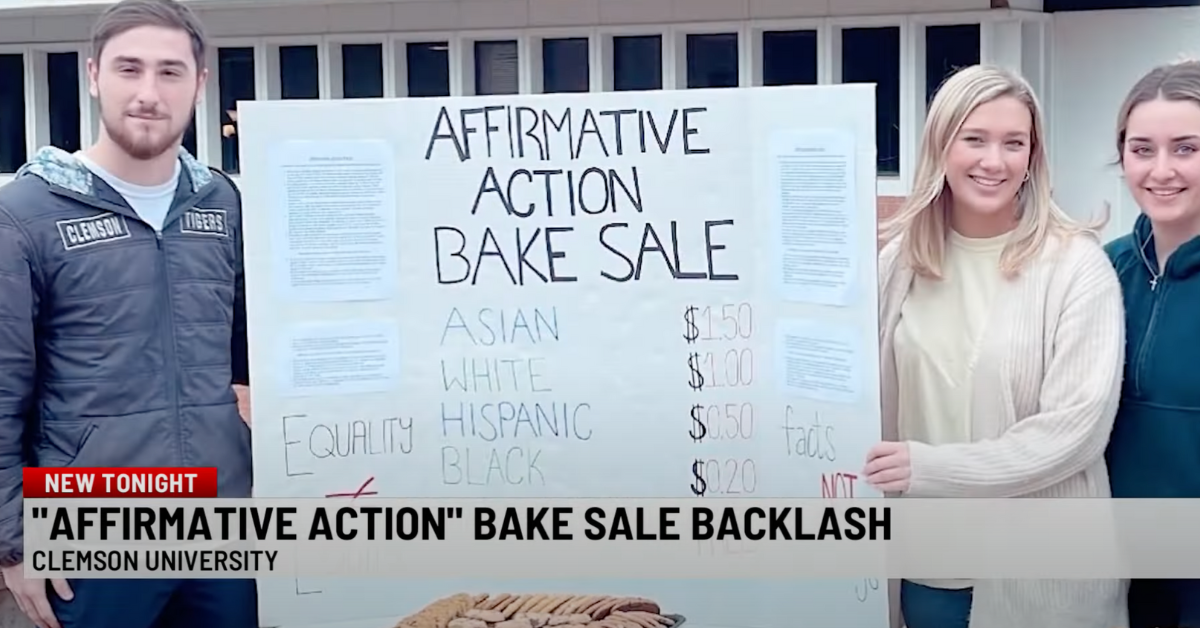 WSPA 7 News screenshot of the affirmative action bake sale at Clemson University