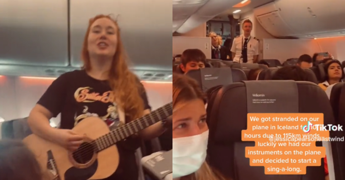 Screenshots from @jessicapearsoneastwind's video of her band singing on the flight