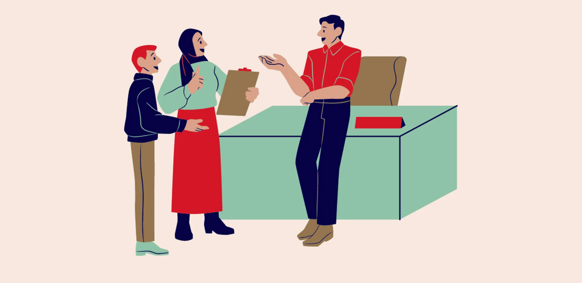 Diverse cartoon working adults discussing DEIB efforts at work