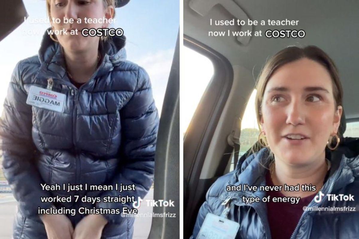 Teacher turned Costco employee talking to camera