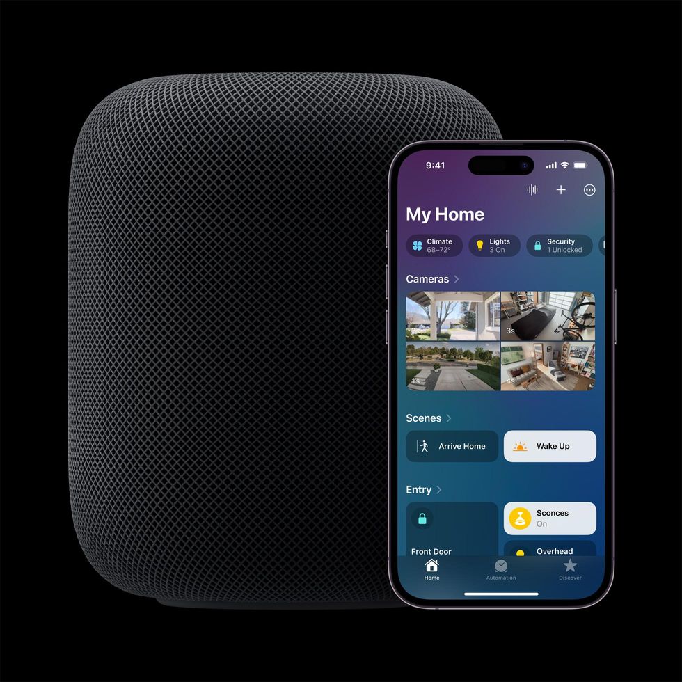 a photo of Apple HomePod 2nd Gen with smartphone showing Apple HomeKit app