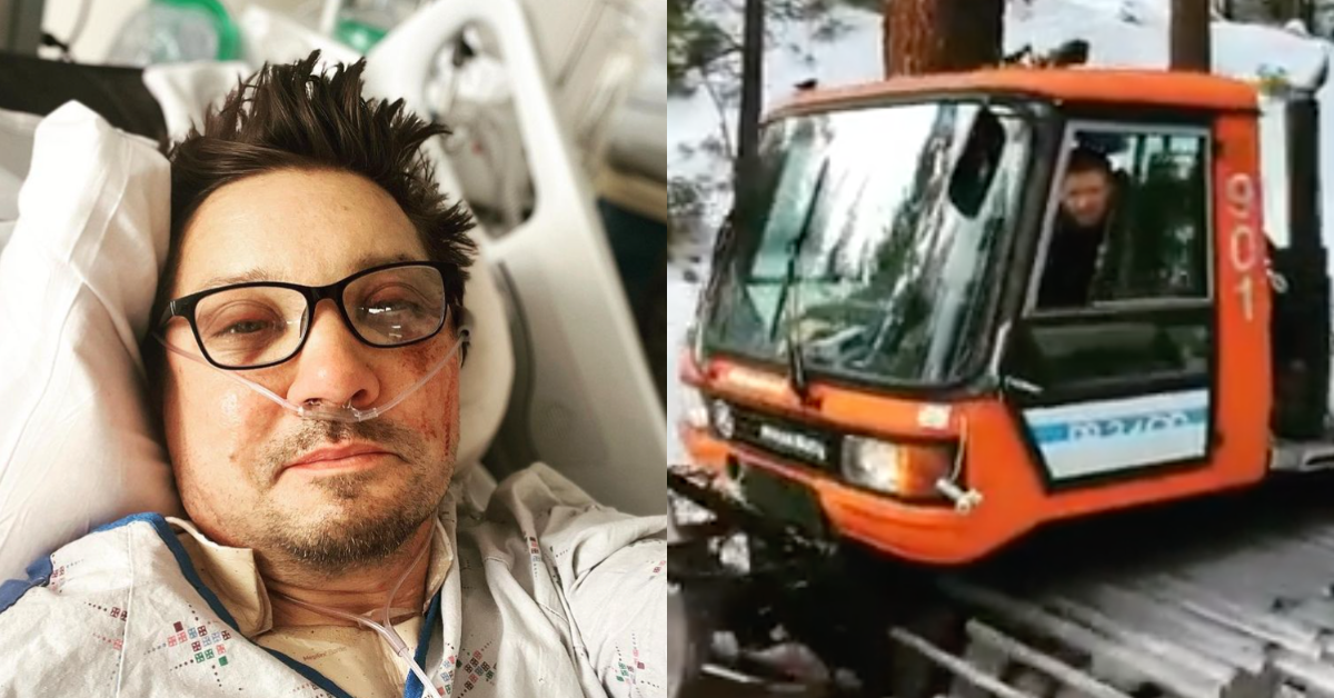 Jeremy Renner in the hospital; screenshot of Jeremy Renner driving snow plow
