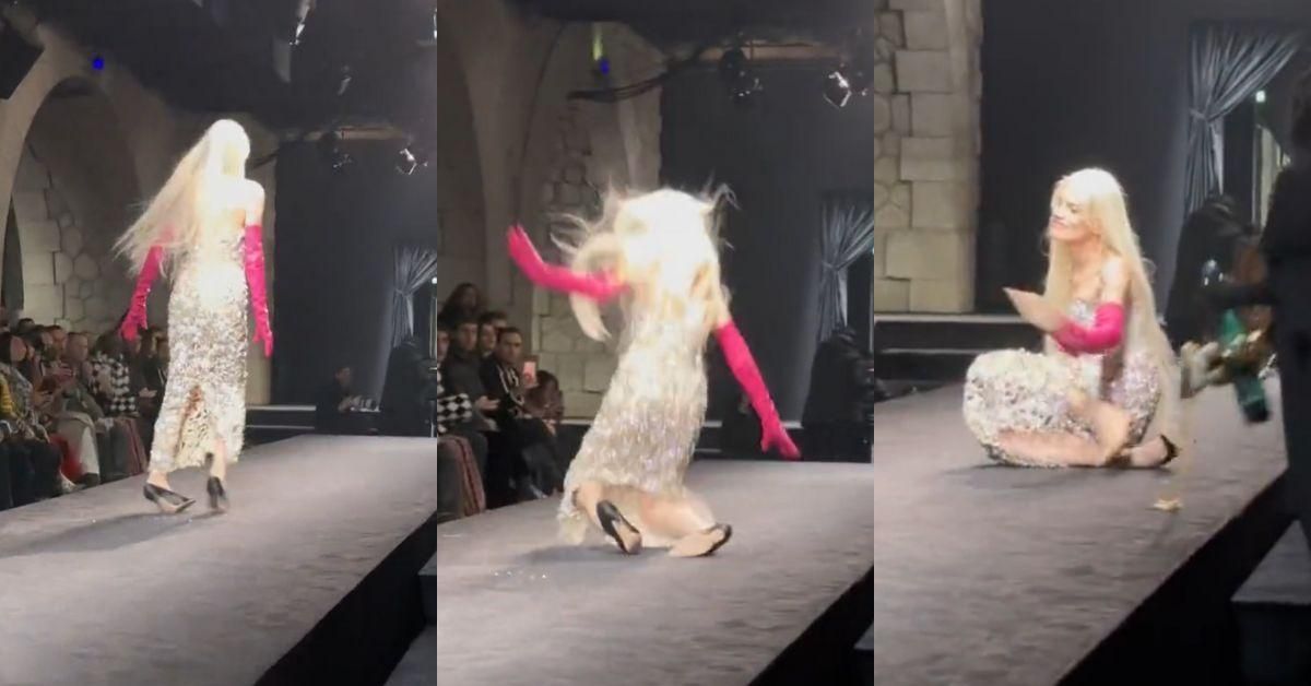 Screenshots of Kristen McMenamy falling on the runway