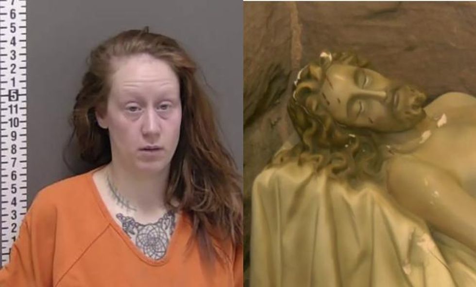 Topless woman arrested for allegedly smashing 'very unique' Jesus Christ statue at North Dakota cathedral