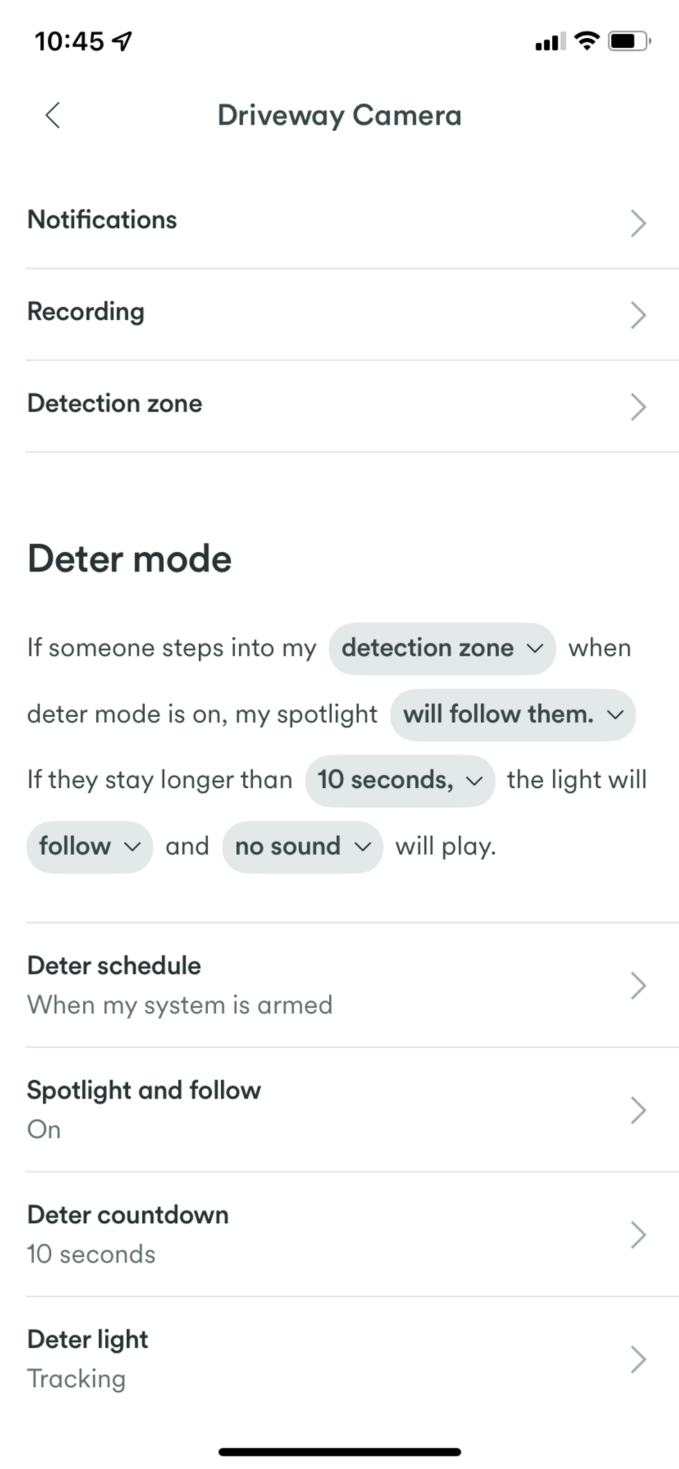 Screenshot of Deter settings in Vivint app