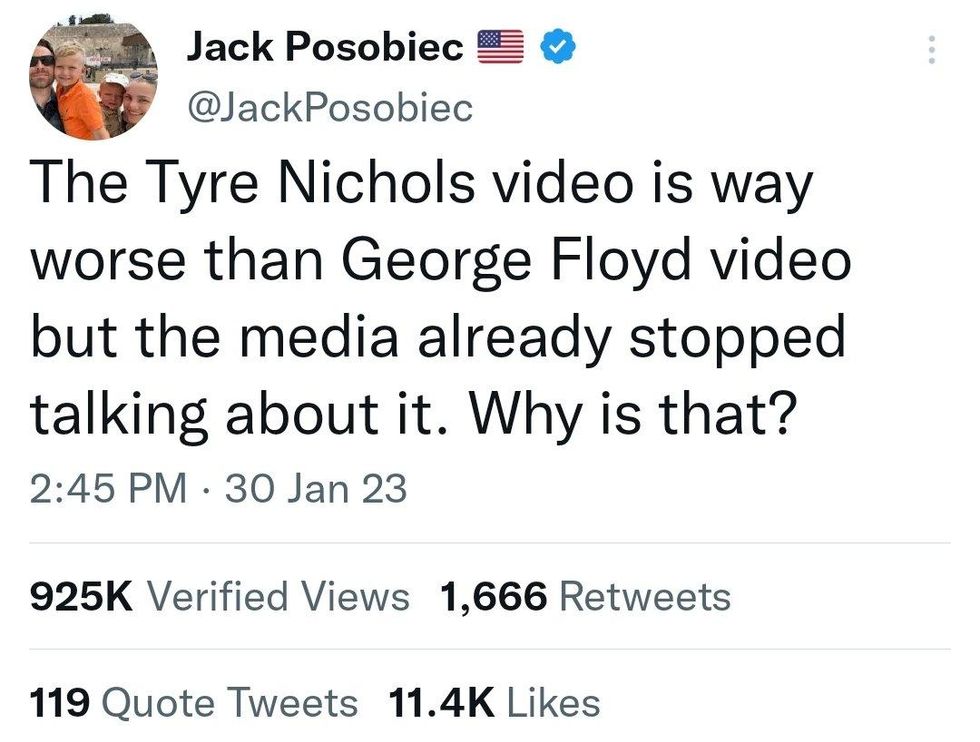 Jack Posobiec tweet: The Tyre Nichols video is way worse than Geroge Floyd video but the media already stopped talking about it. Why is that? 