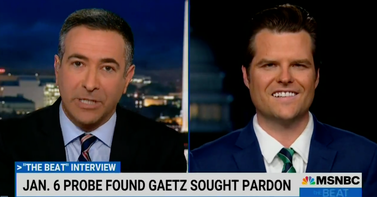 MSNBC screenshot of Ari Melber and Matt Gaetz during Gaetz's interview