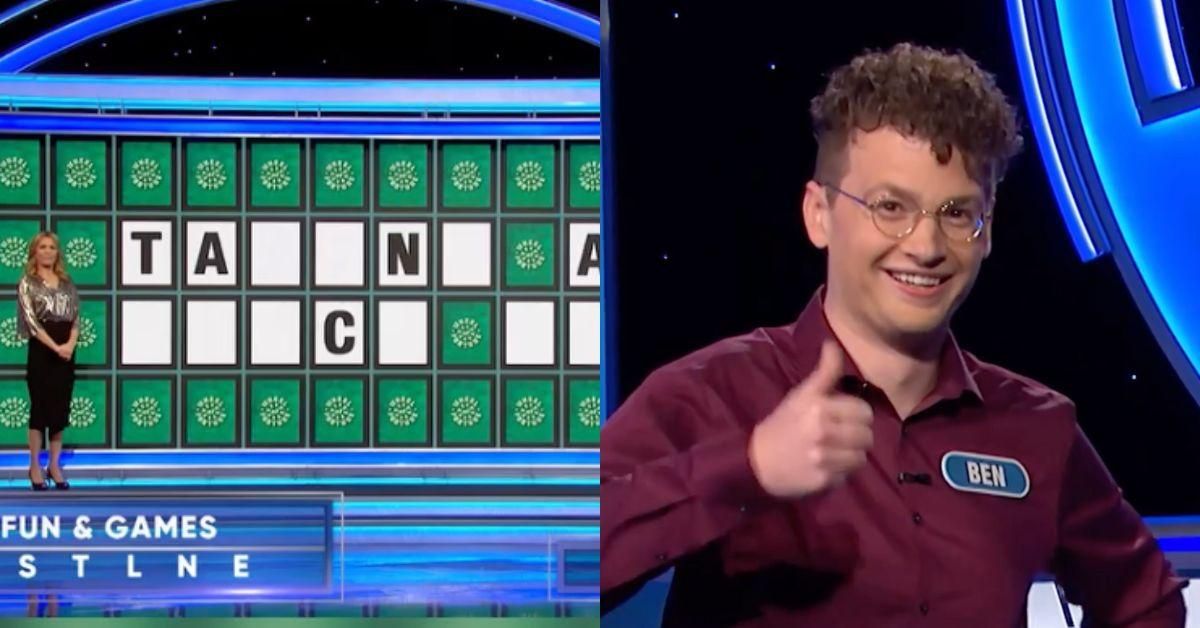 "Wheel of Fortune" puzzle board; contestant giving a thumbs-up