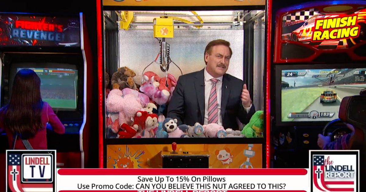 YouTube screenshot of Mike Lindell in a claw machine on "Jimmy Kimmel Live"