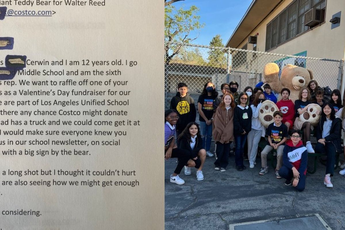 a screenshot of an email; a group photo of children with Costco's teddy bear