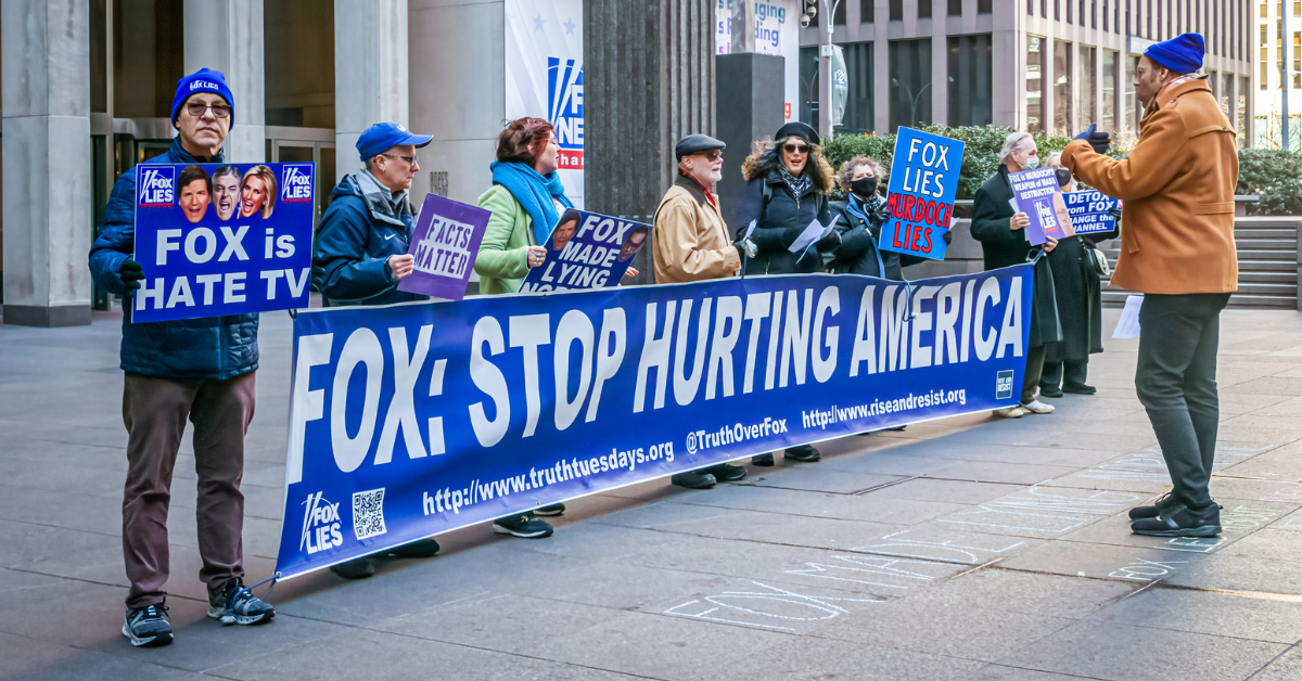 protesters gather at the weekly FOX LIES DEMOCRACY DIES event outside the NewsCorp Building in Manhattan