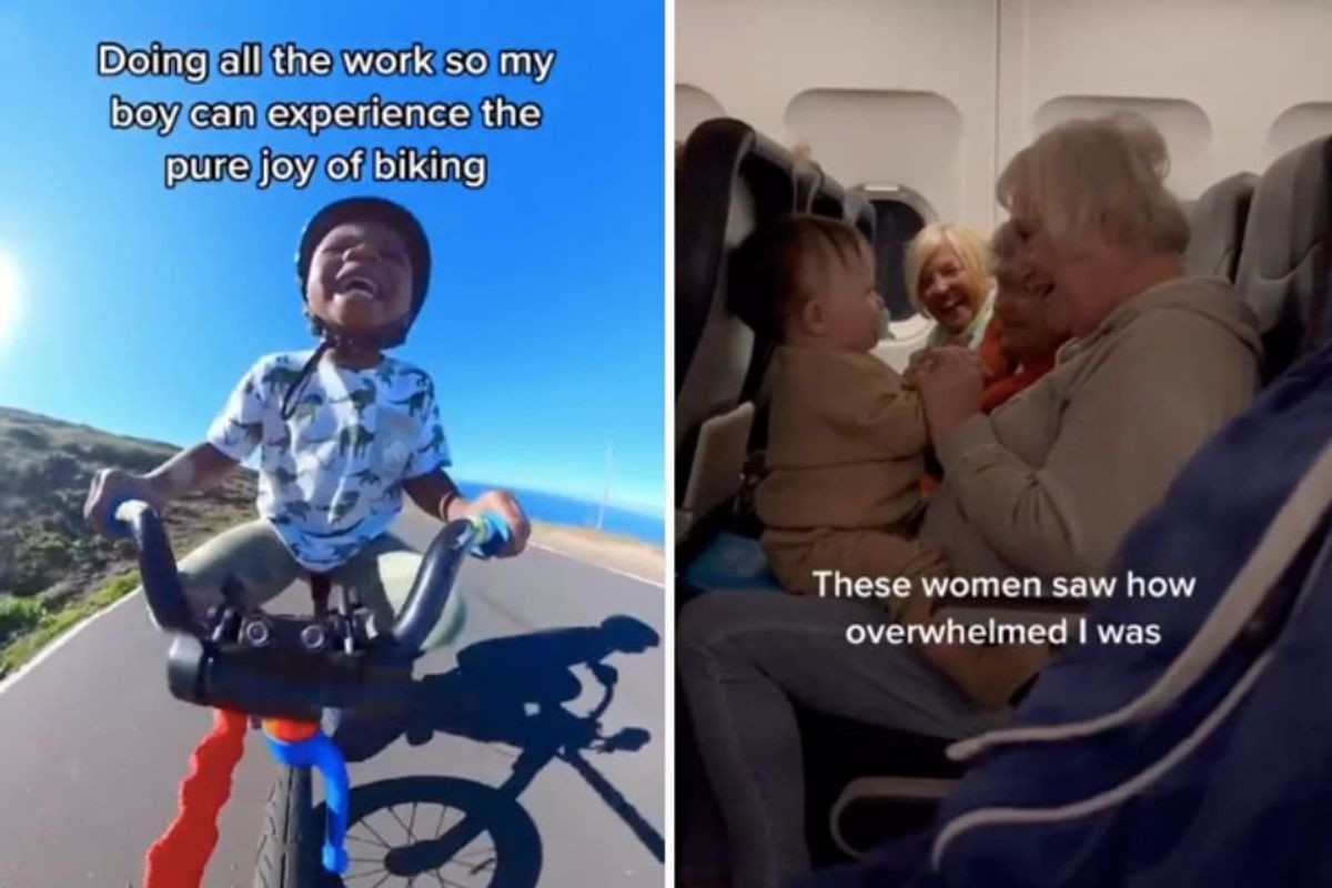 boy riding bike with joy, older women entertaining baby