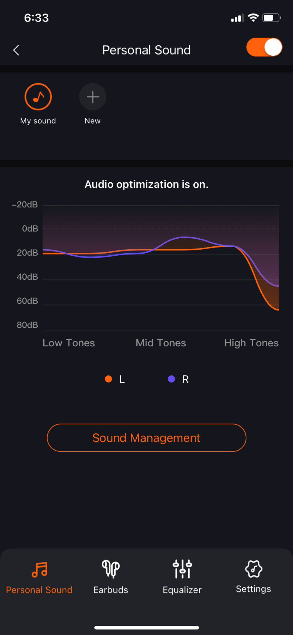 screenshot of Tribit app audiodo personal sound settings